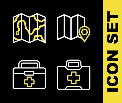 Set line Location of the forest on map, First aid kit, and icon. Vector Stock Illustration