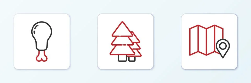 Set line Location of the forest on map, Chicken leg and Tree icon. Vector Stock Illustration