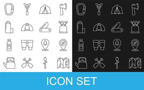 Set line Location of the forest on map, Compass, Camping gas stove, Tourist.. Illustrazione stock