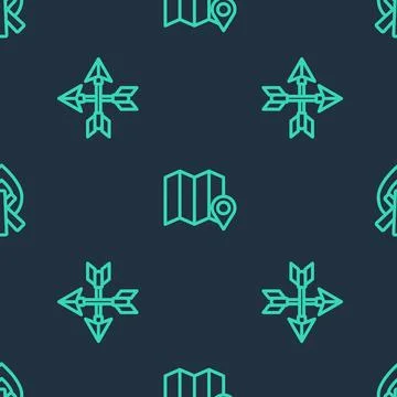 Set line Location of the forest on map, Crossed arrows and Campfire on seamle Stock Illustration