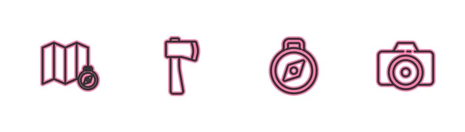 Set line Location of the forest on map, Compass, Wooden axe and Photo camera  Stock Illustration