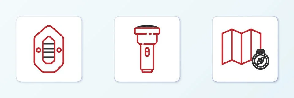 Set line Location of the forest on map, Rafting boat and Flashlight icon. V.. Stock Illustration