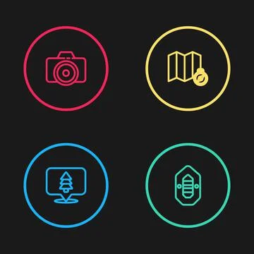 Set line Location of the forest, Rafting boat, map and Photo camera icon. Vector Stock Illustration