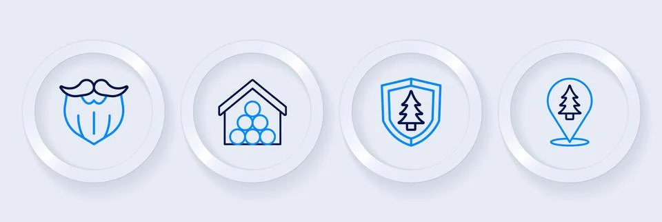 Set line Location of the forest, Shield with tree, Wooden logs and Mustache and Stock Illustration