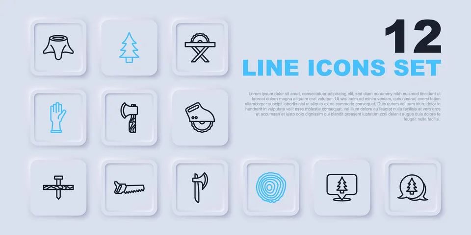 Set line Location of the forest, Tree, Wooden axe, rings, Protective gloves.. Stock Illustration