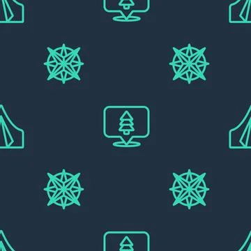 Set line Location of the forest, Wind rose and Tourist tent on seamless pattern Illustrazione stock