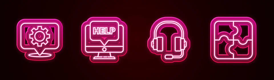 Set line Location with gear, Computer monitor and help, Headphones and Piec.. 库存插图