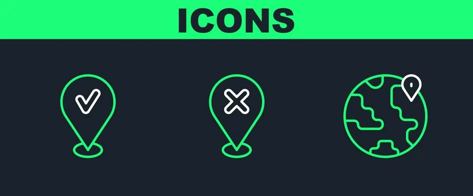 Set line Location on the globe, with check mark and cross icon. Vector 스톡 일러스트