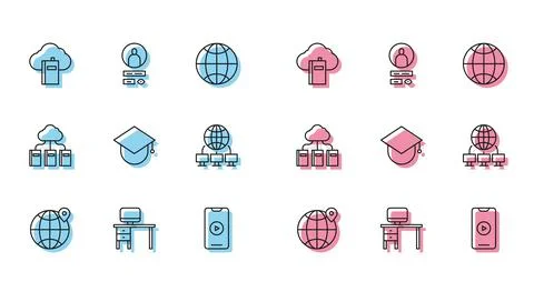 Set line Location on the globe, Computer monitor and desk, Cloud online library イラスト素材