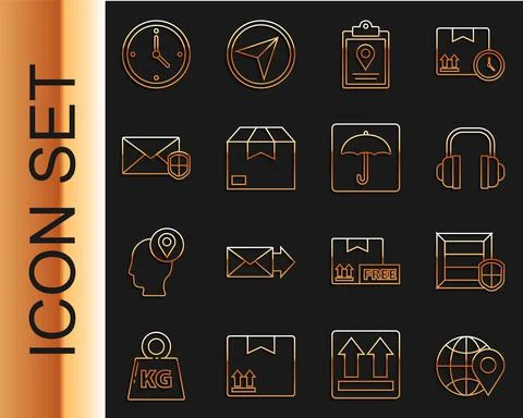 Set line Location on the globe, Delivery pack security with shield, Headphones Stock Illustration