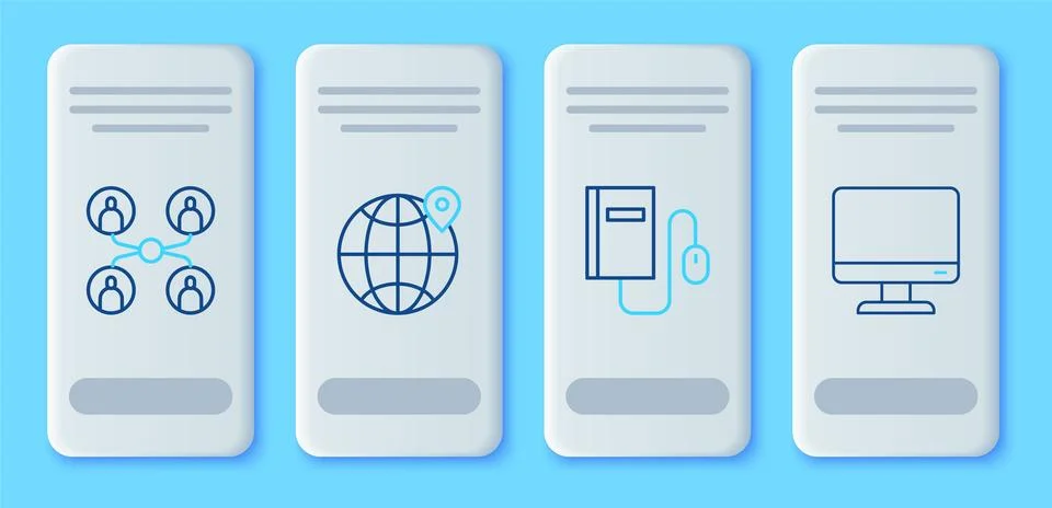 Set line Location on the globe, Electronic book with mouse, Online class an.. Stock Illustration