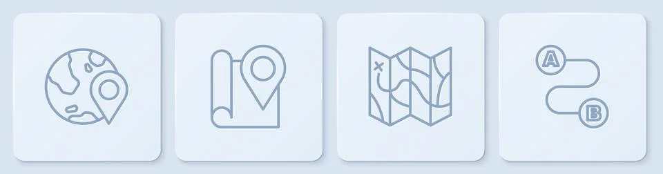 Set line Location on the globe, Folded map, with location marker and Route... Stock Illustration