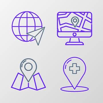Set line Location on the globe, Folded map with location marker, Medical po.. Stock Illustration