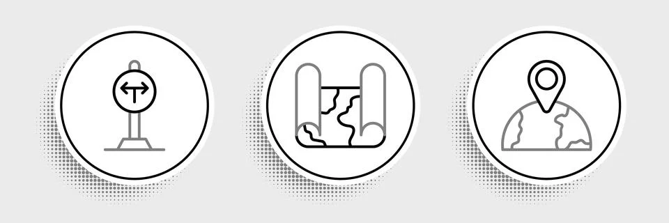 Set line Location on the globe, Fork in road and Folded map icon. Vector Stock Illustration
