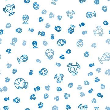 Set line Location on the globe, Map pin and on seamless pattern. Vector Illustrazione stock