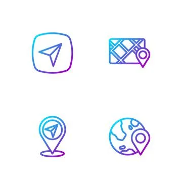 Set line Location on the globe, Map pin, City map navigation and Gps device.. Stock Illustration