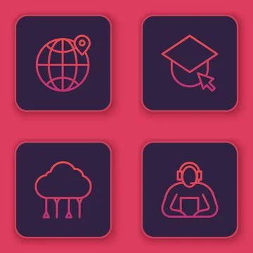 Set line Location on the globe, Network cloud connection, Graduation cap and Stock Illustration