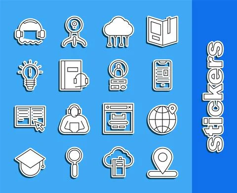 Set line Location, the globe, Online book mobile, Network cloud connection Stock Illustration
