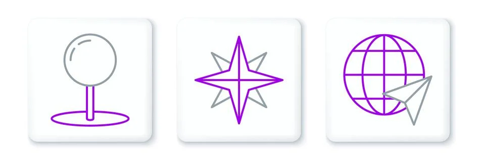 Set line Location on the globe, Push pin and Wind rose icon. Vector Stock Illustration