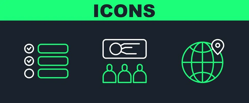 Set line Location on the globe, Task list and Training, presentation icon. .. Stock Illustration