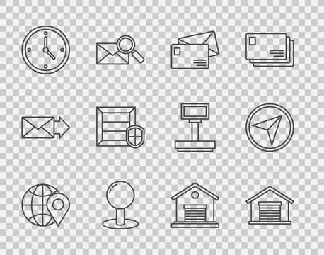 Set line Location on the globe, Warehouse, Envelope, Push pin, Fast time de.. Illustrazione stock