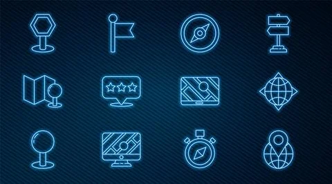 Set line Location on the globe, World with compass, Compass, Map pointer st.. Illustrazione stock