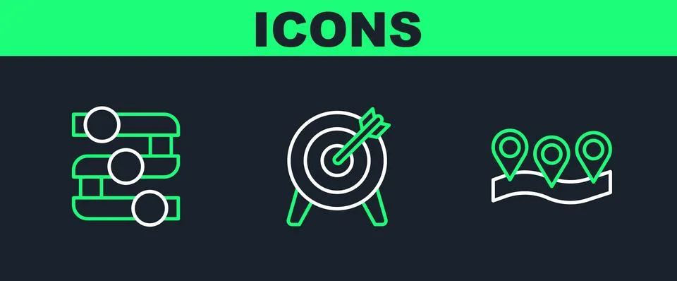 Set line Location, Graph, chart, diagram and Target icon. Vector Illustrazione stock
