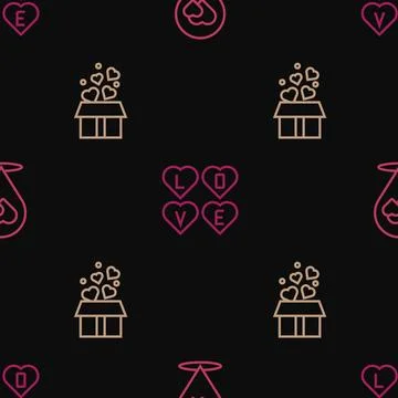 Set line Location with heart, Gift box hearts and Love text on seamless pat.. Stock Illustration