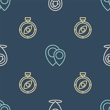 Set line Location with house, Compass and on seamless pattern. Vector Illustrazione stock