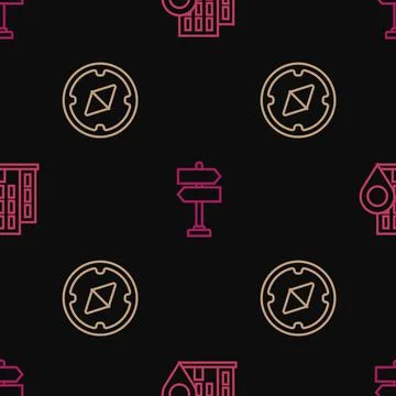 Set line Location with house, Compass and Road traffic sign on seamless pattern Ilustración de archivo