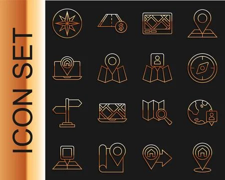 Set line Location with house, the globe, Compass, Gps device map, Folded lo.. Stock Illustration