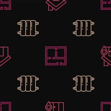 Set line Location with house, Heating radiator and House plan on seamless p.. Stock Illustration