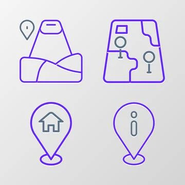 Set line Location with information, house, City map navigation and mountain.. Stock Illustration