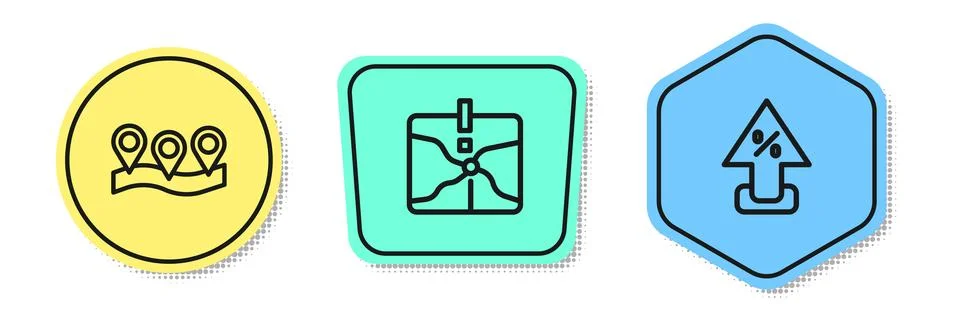 Set line Location, Intersection point and Percent up arrow. Colored shapes... Illustrazione stock