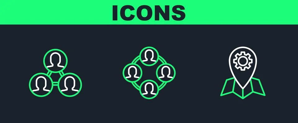 Set line Location job, Project team base and icon. Vector Stock Illustration