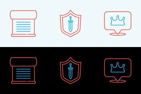 Set line Location king crown, Decree, parchment, scroll and Medieval shield.. Illustration