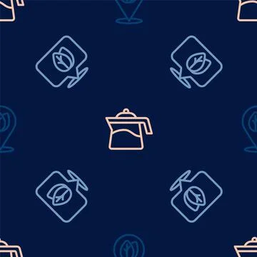 Set line Location with leaf, and Teapot on seamless pattern. Vector Illustrazione stock