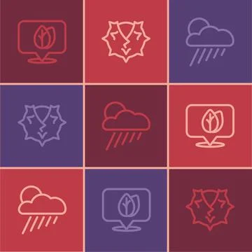 Set line Location with leaf, Cloud rain and sun and Chestnut icon. Vector Stock Illustration