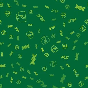 Set line Location with leaf, DNA symbol and Microscope on seamless pattern Illustrazione stock
