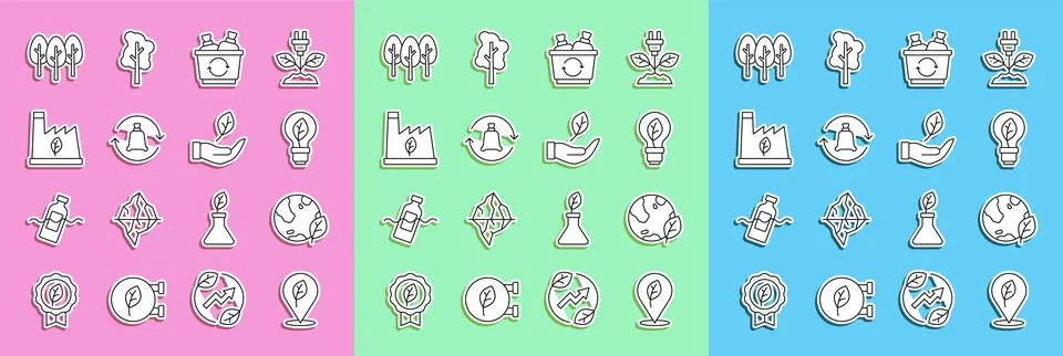 Set line Location with leaf, Earth globe and, Light bulb, Recycle bin, Garb.. Stock Illustration