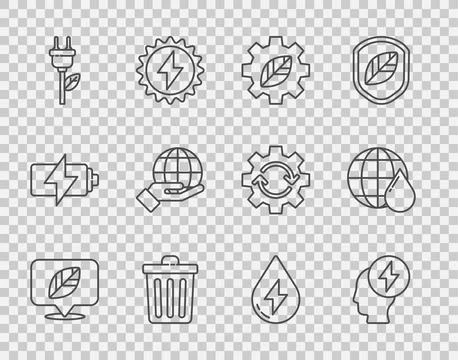 Set line Location with leaf, Head and electric symbol, Leaf plant in gear mac Stock Illustration
