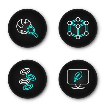 Set line Location with leaf, Hemoglobin, Molecule and Magnifying glass glob.. Stock Illustration