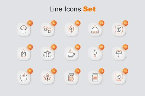 Set line Location with leaf, Jam jar, Pickled cucumbers in, Chestnut, Apple.. Stock Illustration