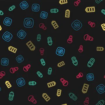 Set line Location with leaf, LED light bulb, Battery and on seamless pattern Illustrazione stock