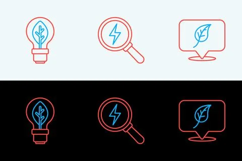 Set line Location with leaf, Light bulb and Lightning bolt icon. Vector Ilustración de archivo
