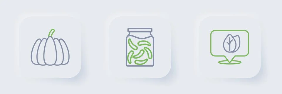 Set line Location with leaf, Pickled cucumbers in jar and Pumpkin icon. Vecto Stock Illustration