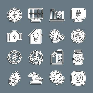 Set line Location with leaf, Propane gas tank, Power button, Nuclear power plant Stock Illustration