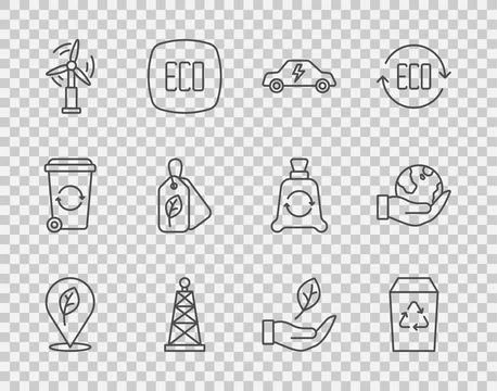 Set line Location with leaf, Recycle bin, Electric car, Oil rig, Wind turbine Stock Illustration