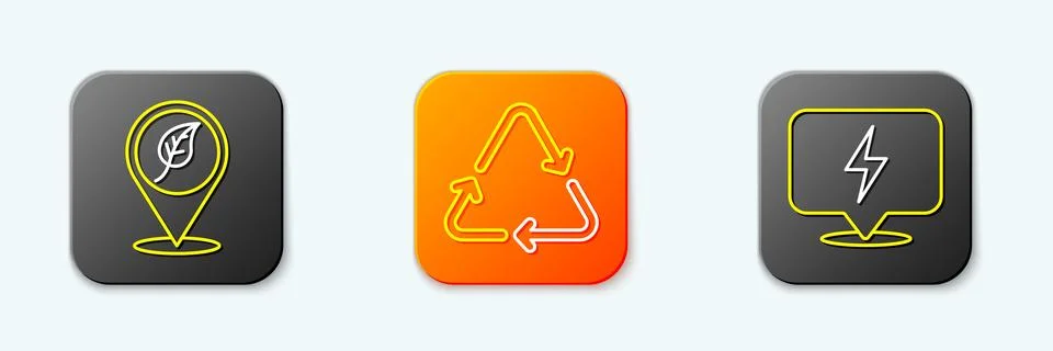 Set line Location with leaf, Recycle symbol and Lightning bolt icon. Vector Ilustración de archivo