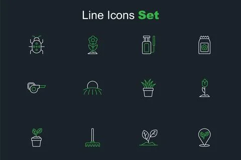 Set line Location with leaf, Sprout, Garden rake, Plant in pot, Flower tuli.. Stock Illustration